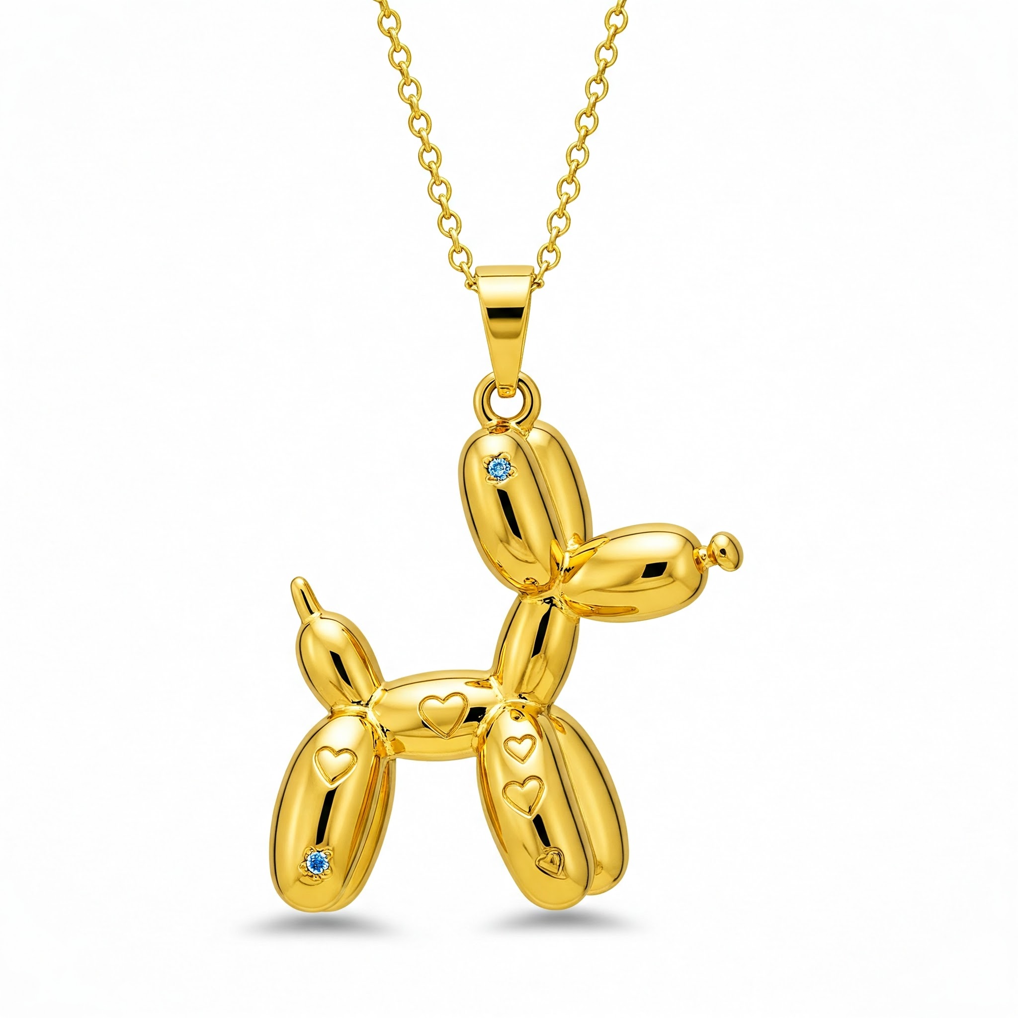 Gold Balloon Dog Pendant with Heart-shaped Details and Blue Gemstones | Artistic Jewelry Necklace